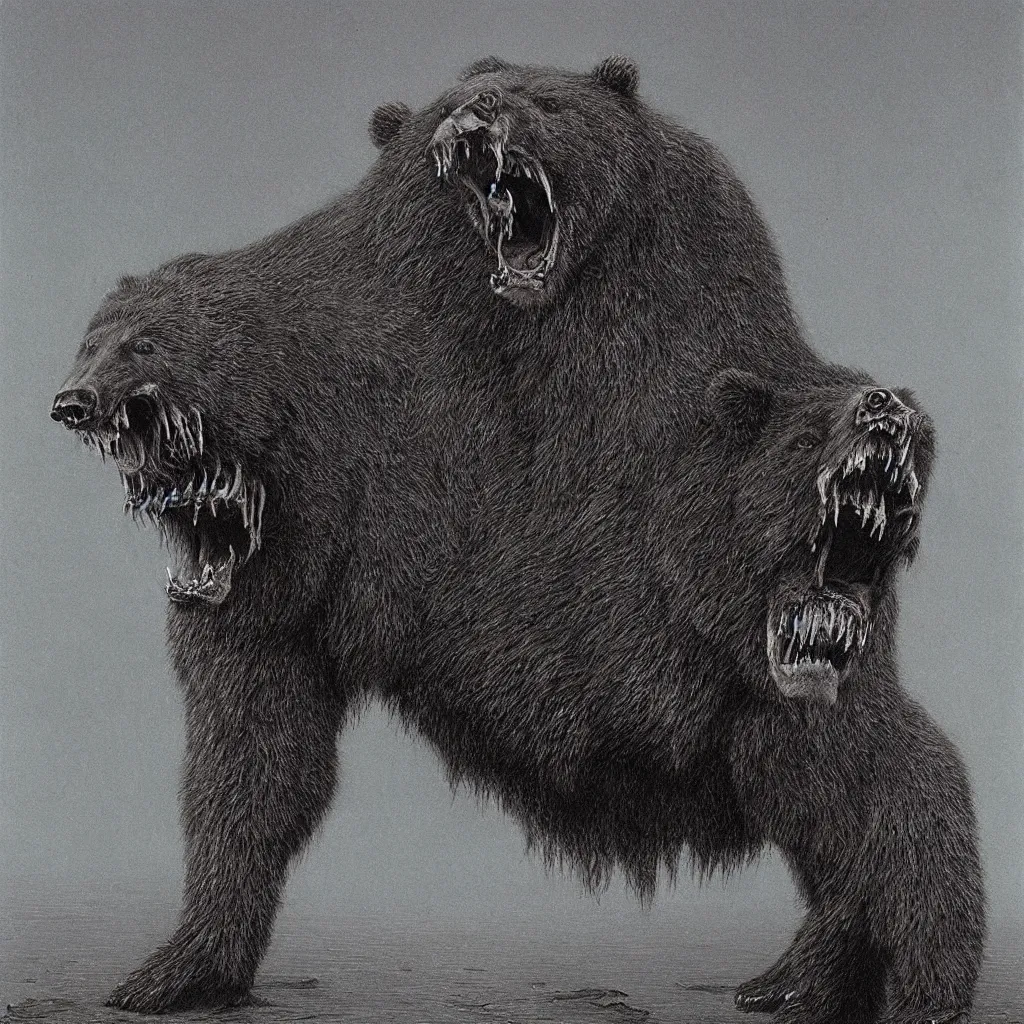 Prompt: horrifying bear creature, fangs, style of zdislaw beksinski