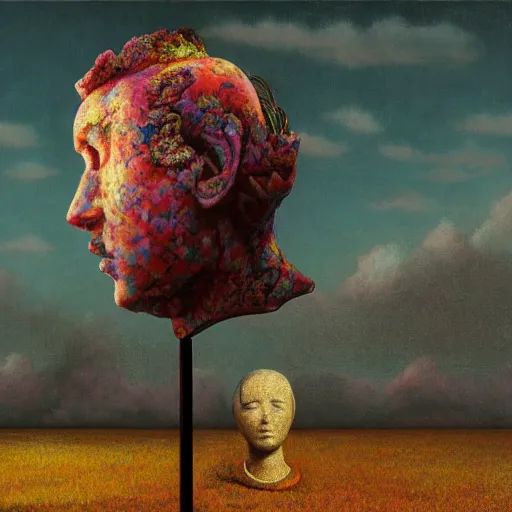 Image similar to the ego separates, psychedelic hyperrealistic surrealism, dreamscape, david friedrich, award winning masterpiece with incredible details, zhang kechun, a surreal vaporwave vaporwave vaporwave vaporwave vaporwave painting by thomas cole of a gigantic broken mannequin head sculpture in ruins, astronaut lost in liminal space, highly detailed, trending on artstation