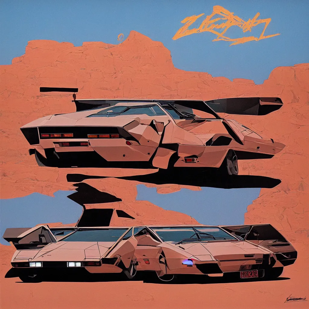 Prompt: Lamborghini Countach in the Arizona desert, by Syd Mead