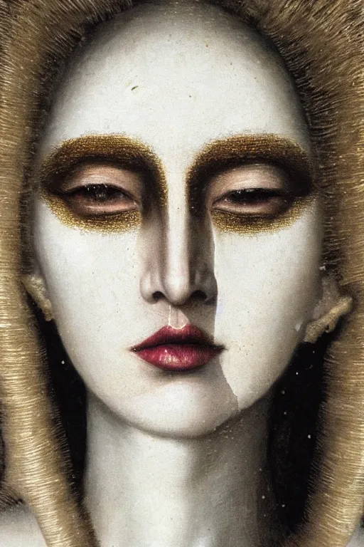 Prompt: hyperrealism close - up mythological portrait of a beautiful medieval woman's shattered face partially made of black holes in style of classicism using the fibonacci golden ratio, pale skin, ivory make up on the eyes, wearing black silk robe, dark and dull palette