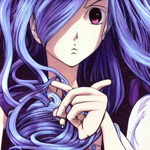 Prompt: half-length portrait character design. Anime key visual of an esoteric mysterious young woman with blue hair, with two tentacles instead of arms. Uzumaki; drawn by Junji Ito, top-rated on pixiv.