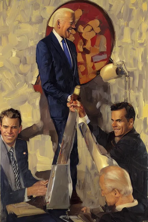 Image similar to joe biden and jeffrey epstein, painting by jc leyendecker!! phil hale!, angular, brush strokes, painterly, vintage, crisp