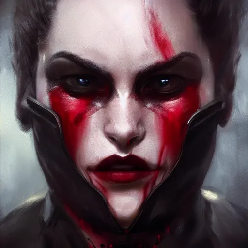 Prompt: beautiful close up portrait vampire, black and red coloured, armor with exposed internals, elegant, detailed. epic cinematic hyperrealism masterpiece. realistic poster with shaded lighting by craig mallismo, artgerm, jeremy lipkin and michael garmash, unreal engine, radiant light, detailed and complex environment, digital art, art station trends, detailed faces, detailed eyes