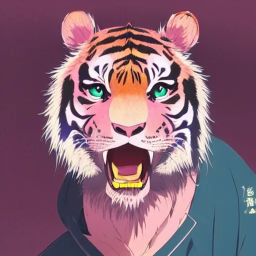 Image similar to a pink tiger wearing a lab coat, illustration concept art anime key visual trending pixiv fanbox by wlop and greg rutkowski and makoto shinkai and studio ghibli and kyoto animation symmetrical facial features