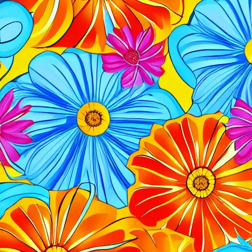 Image similar to Vector illustration of tropical flowers with multiple cohesive colors ranging from warms blues to bright oranges on a dark background, 4K resolution, digital art