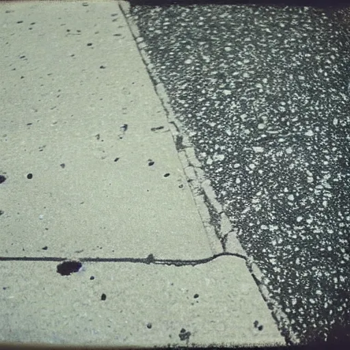 Prompt: wide-shot, low-angle eyesight first-person!! cat's paw prints on fresh cement at the street, polaroid photo, by Andy Warhol