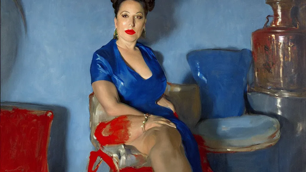 Image similar to portrait of rebekah delrio in mulholland drive, big persian blue pot, blue and red lights painted by john singer sargent