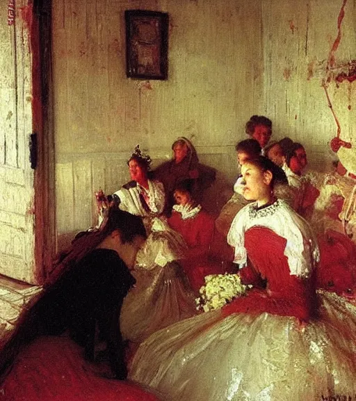 Prompt: high quality high detail painting by ilya repin, many brides in a blood flooded house, hd