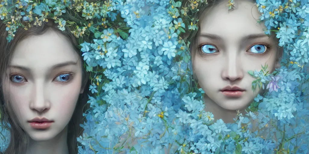 Image similar to breathtaking detailed concept art painting portrait of the hugs goddess of light blue flowers, saint, with anxious piercing eyes, ornate background, amalgamation of leaves and flowers, by hsiao - ron cheng, extremely moody lighting, 8 k