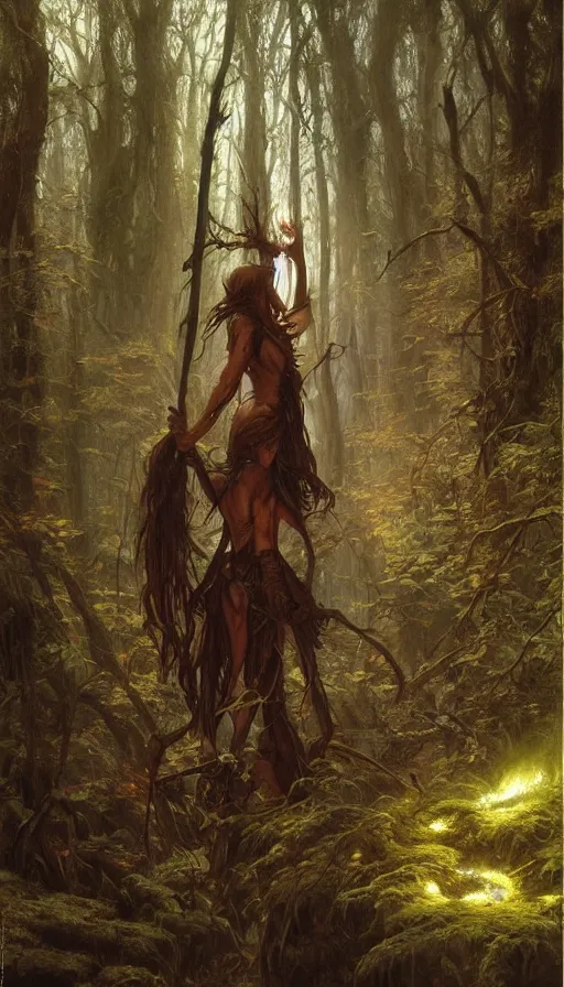 Prompt: Realistic painting of a high fantasy wood elf wizard in a magical forest clearing by John Howe, Greg Rutkowski, Frank Frazetta, Artgerm, Donato Giancola, Christophe Vacher, dramatic lighting