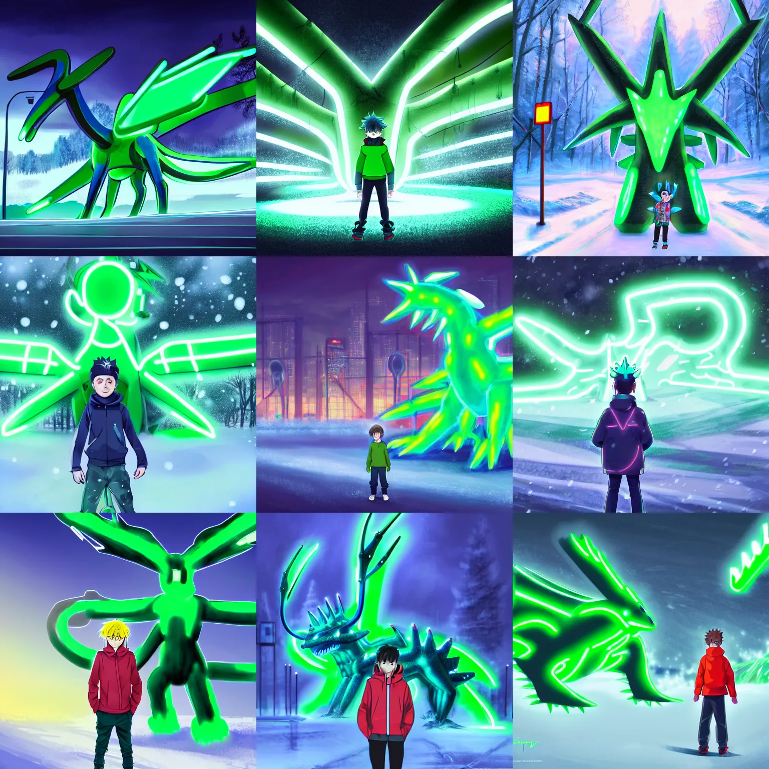 Prompt: a boy in winter clothing standing in front of a big neon green dialga, concept art, digital art, very detailed, anime, pokemon, 8 k hd