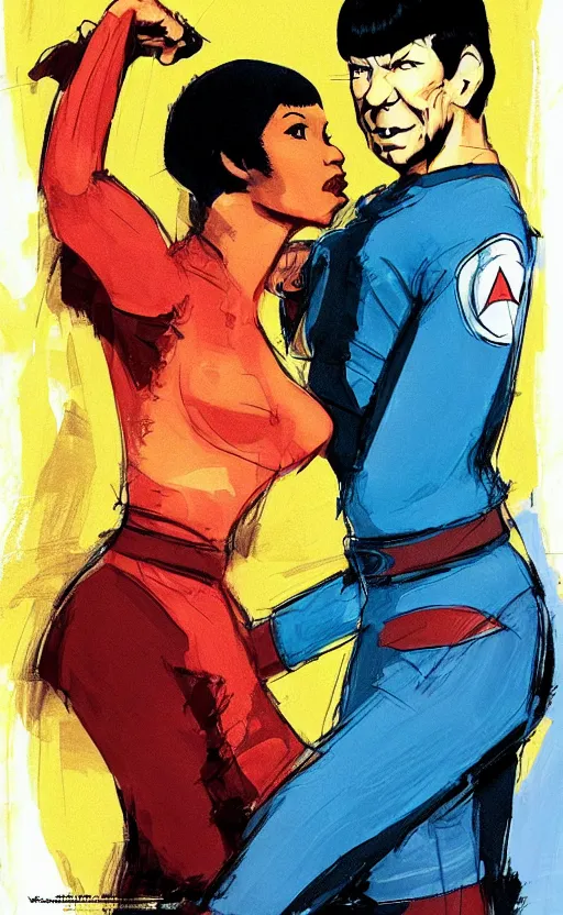 Image similar to Uhura and Spock caught about to kiss, surprise, cute, innocent, soft lighting, standing in a starbase bar, In style of Yoji Shinkawa and Hyung-tae Kim, concept art, highly detailed