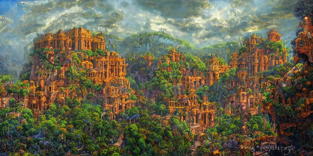 Prompt: fantasy oil painting, regale, refined, fortress mega structure city, antep, argos, indore, ellora, hybrid, looming, small buildings, warm lighting, street view, overlooking, epic, lush plants flowers, rainforest mountains, bright clouds, luminous sky, outer worlds, cinematic lighting, michael cheval, david palladini, oil painting, natural tpose