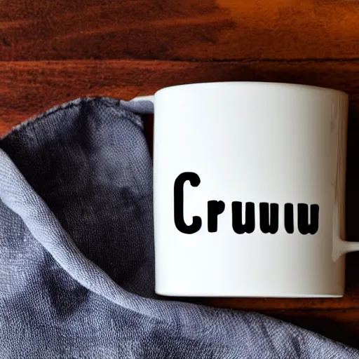 Prompt: a cup with the word'crumb'on it