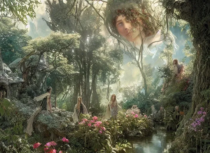 Image similar to female elves with wings of lace in lord of the rings scenery landscape, treehouse, flowers, beautiful day, highly detailed, perfect lighting, perfect composition, 4 k, artgerm, derek zabrocki, greg rutkowski, alphonse mucha