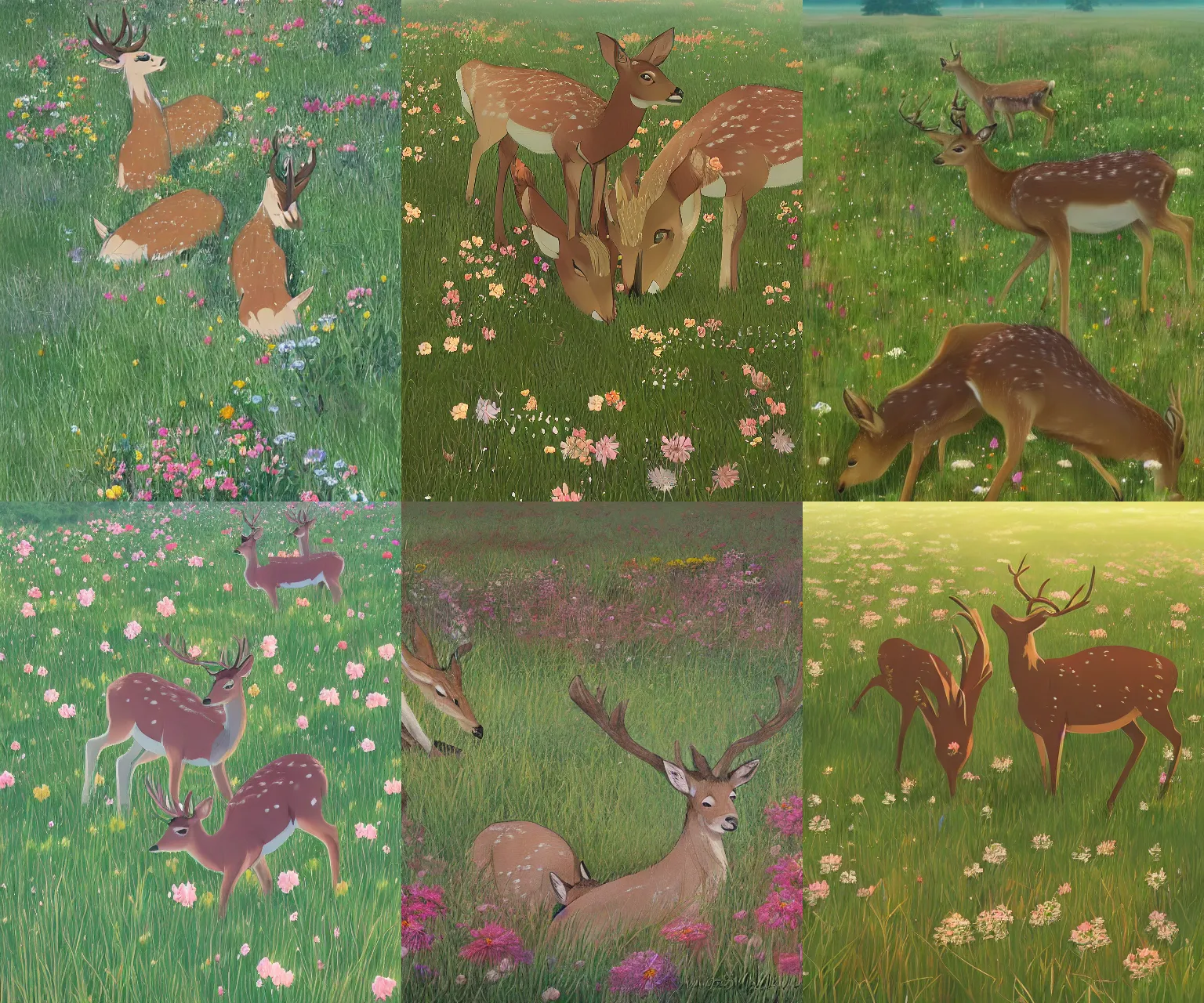 Prompt: two deer nuzzling each other in a field of flowers, art by Makoto Shinkai