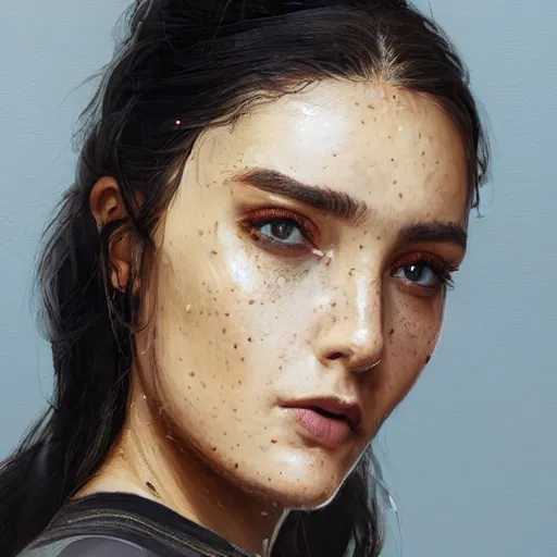 Prompt: Portrait of a woman by Greg Rutkowski, she is about 30 years old, middle eastern features, freckles, black straight hair, attractive, annoying sister vibes, she is wearing blue utilitarian jumpsuit, highly detailed portrait, digital painting, artstation, concept art, smooth, sharp foccus ilustration, Artstation HQ.