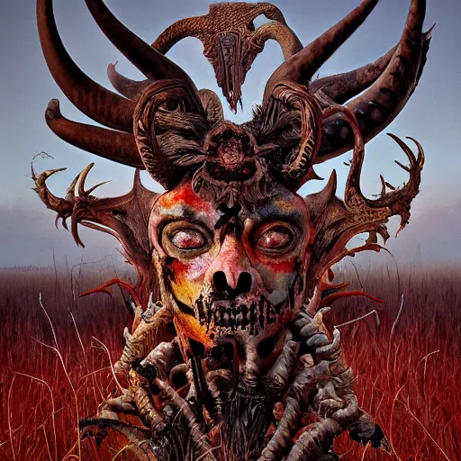 Prompt: A beautiful detailed aesthetic horror portrait painting titled 'The Godes of death' description 'Horned face with scales and bones shimmering' by Takashi Murakami and Wayne Barlowe, the desolate plains of hell in the background, Trending on cgsociety artstation, 8k, masterpiece, highly detailed.