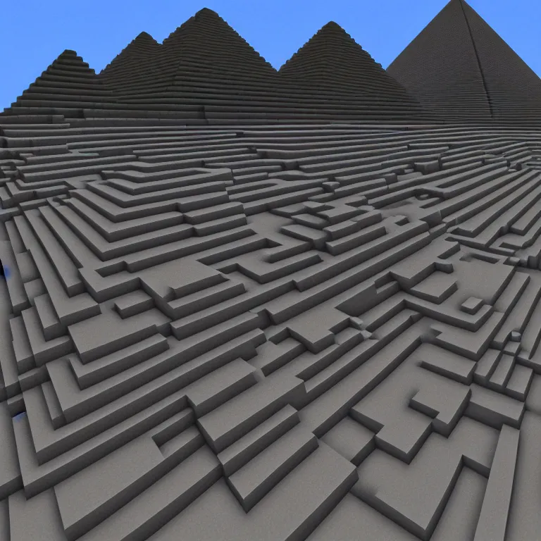 Image similar to A pyramid of gizah in minecraft style. Straight lines, corners, high detailed, details, ultra realistic, photorealism, 8k, wide shot, symmetrical, render, brutalism, rays of light, architecture, volumetric lighting, cinematic, shadows