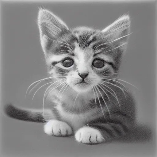 Prompt: a pencil drawing of a kitten, by paul cadden