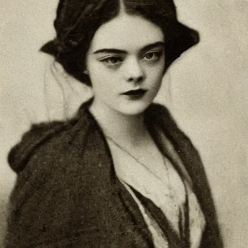 Image similar to Headshot edwardian photograph of Elle Fanning, 1910s, 1900s, 1920s, grainy, victorian, detailed, by Eveleen Myers