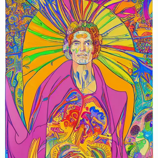 Prompt: large scale, intricately detailed painting showing the inner workings of the human brain by peter max and mucha, in the style of the ryder taro deck