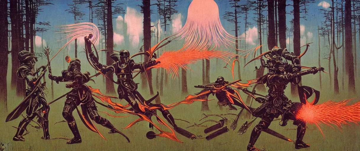 Prompt: composition gothic and futuristic in forest, action with run and fight, warhammer, cyber japan armor, more scars, fire storm, thunderstorm, the middle ages, highly detailed, artstation, moebius, jugendstil and classic japanese print, art rene magritte and robert mccall