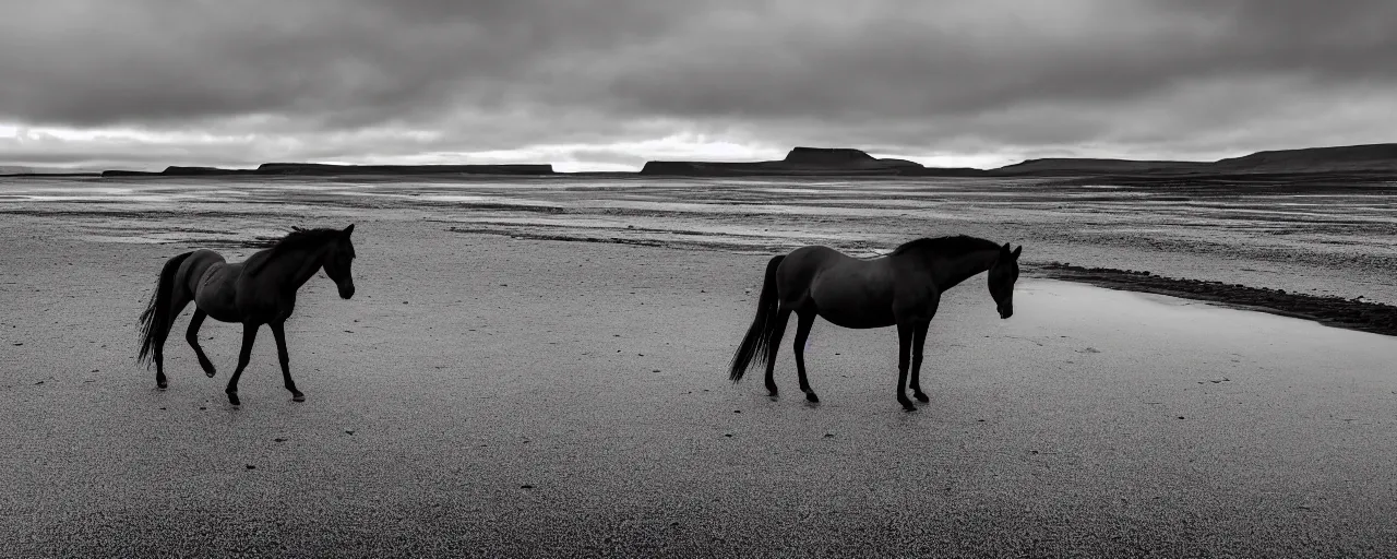 Image similar to low angle cinematic shot of lone futuristic horse in the middle of an endless black sand beach in iceland, iceberg, 2 8 mm