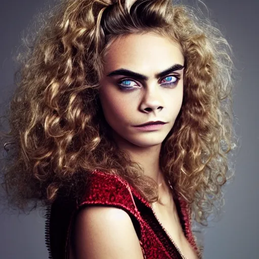 Prompt: portrait of beautiful cara delevingne with a 1 9 8 0's perm hairstyle by mario testino, headshot, detailed, award winning, sony a 7 r