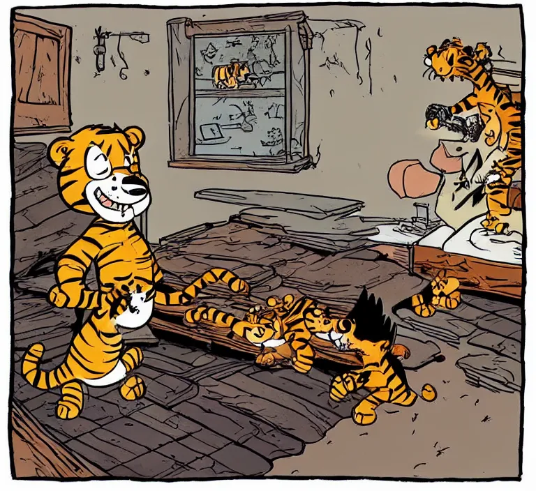 Prompt: “ a grownup version of calvin discovering his old stuffed tiger hobbes in an attic, illustrated by bill watterson ”
