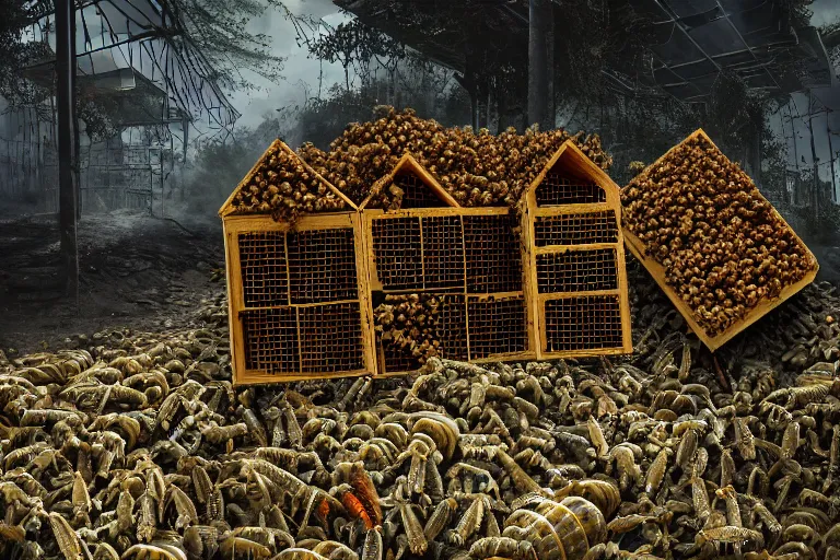 Image similar to favela lobster honeybee hive, wooded environment, industrial factory, horror, award winning art, epic dreamlike fantasy landscape, ultra realistic,