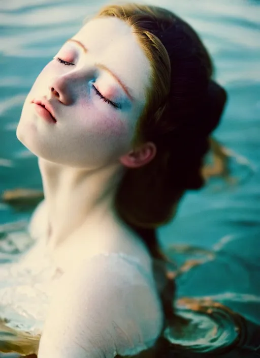 Image similar to Kodak Portra 400, 8K, soft light, volumetric lighting, highly detailed, sharp focus,britt marling style 3/4, Close-up portrait photography of a beautiful woman how pre-Raphaelites a woman with her eyes closed is surrounded by water , with the nape in the water, she has a beautiful lace dress and hair are intricate with highly detailed realistic beautiful flowers , Realistic, Refined, Highly Detailed, natural outdoor soft pastel lighting colors scheme, outdoor fine art photography, Hyper realistic, photo realistic