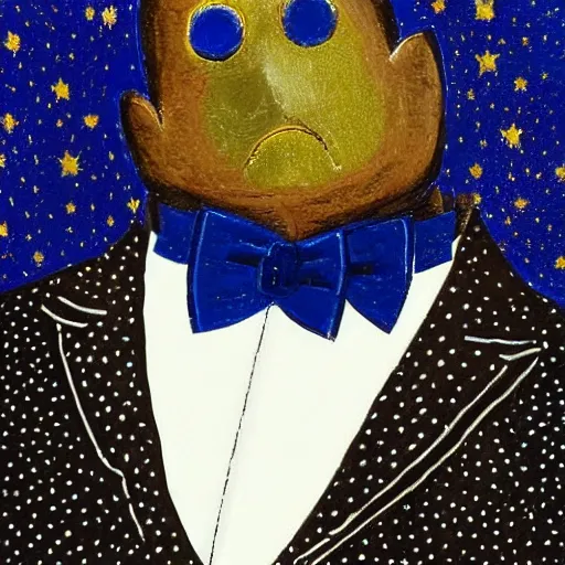 Image similar to in the style of starry night, a tuxedo for a big man with small legs, heart shaped golden mask with white lights for eyes.