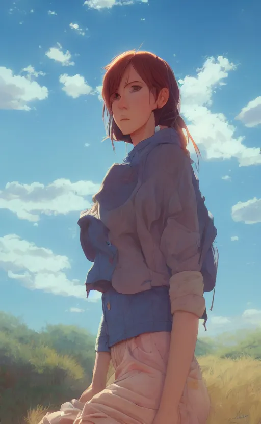 Image similar to a portrait of a female character on an arid forest, blue sky, clouds, vivid colors, soft lighting, atmospheric, cinematic, moody, in the style of ilya kuvshinov and range murata, krenz cushart, rule of thirds, oil on canvas, 8 k