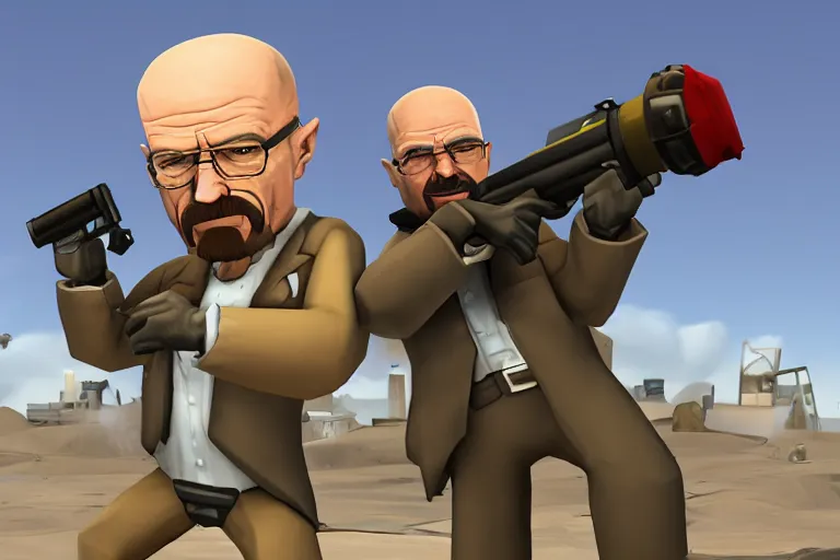 Prompt: Walter White is Heavy from Team Fortress 2 firing a minigun, in the style of TF2