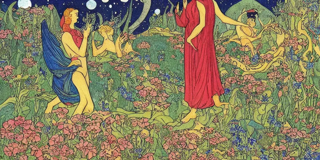Image similar to a woman who moved to another planet with husband, hot weather, full growth, by Ivan Bilibin, Russian fairytales illustration
