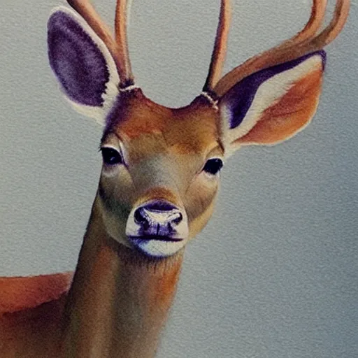 Prompt: a beautiful calming watercolour painting of a deer. soft colours. light. deer portrait. symmetric.