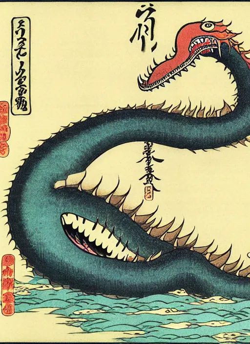 Prompt: the loch ness monster as a yokai illustrated by kawanabe kyosai and toriyama sekien