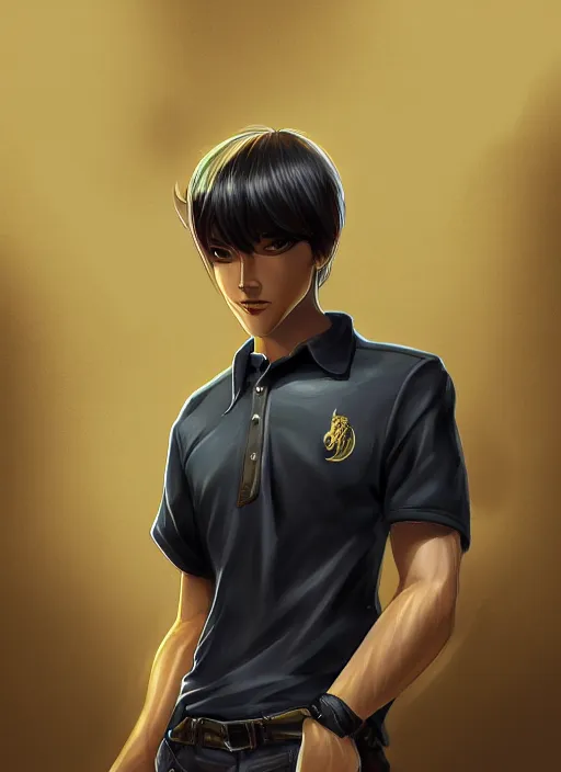 Image similar to a highly detailed illustration of fierce short black haired young half white half asian man wearing polo shirt, dramatic thinking pose, intricate, elegant, highly detailed, centered, digital painting, artstation, concept art, smooth, sharp focus, league of legends concept art, WLOP