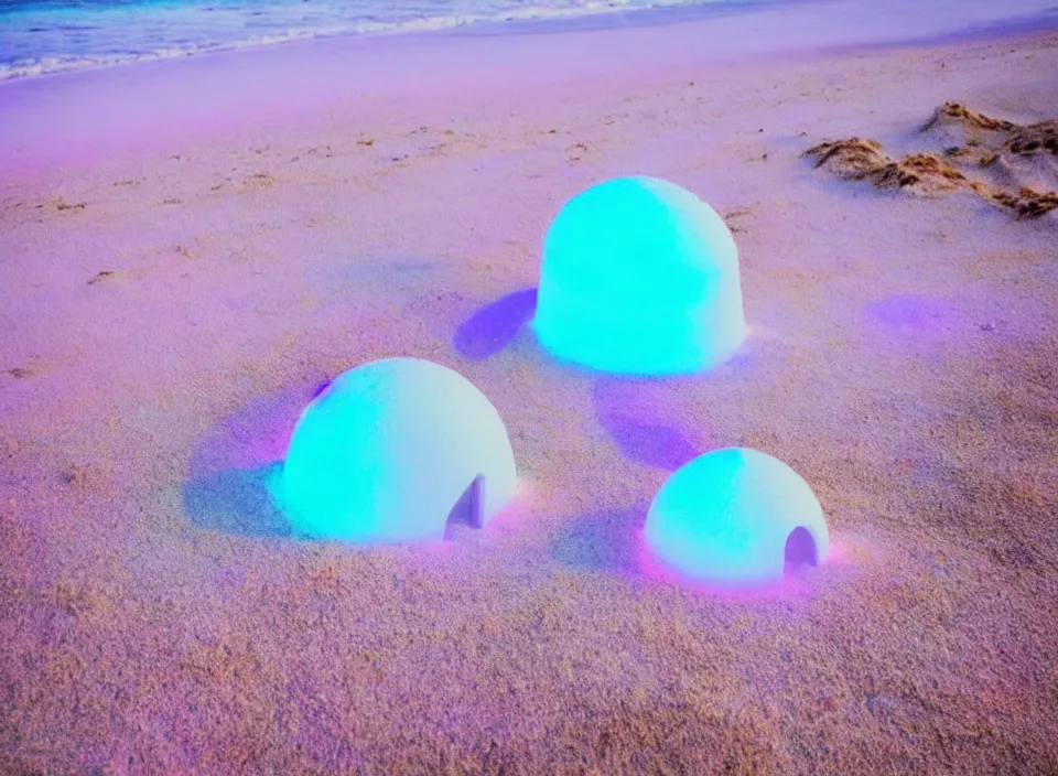 Image similar to a pastel coloured vintage family holiday photo of an empty beach from an alien dreamstate world with chalky pink iridescent!! sand, reflective lavender ocean water, dim bioluminescent plant life and an igloo shaped shiny plastic transparent festival speakers. glare. refraction, volumetric light.