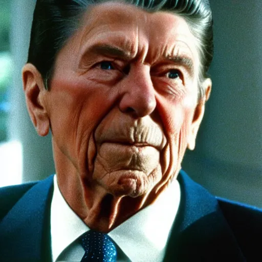 Image similar to “a still of Ronald Reagan playing Catherine Tramell in Basic Instinct (1992)”