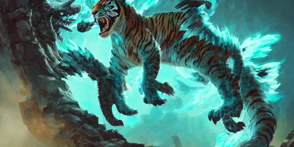 Image similar to Ghostly tiger creature made out of turquoise energy character design sheet, Monster Hunter Illustrations art book, Bright sparks, claws, huge sabertooth fangs, Moebius, Greg Rutkowski, Zabrocki, Karlkka, Jayison Devadas, Phuoc Quan, trending on Artstation, 8K, ultra wide angle, zenith view, pincushion lens effect.