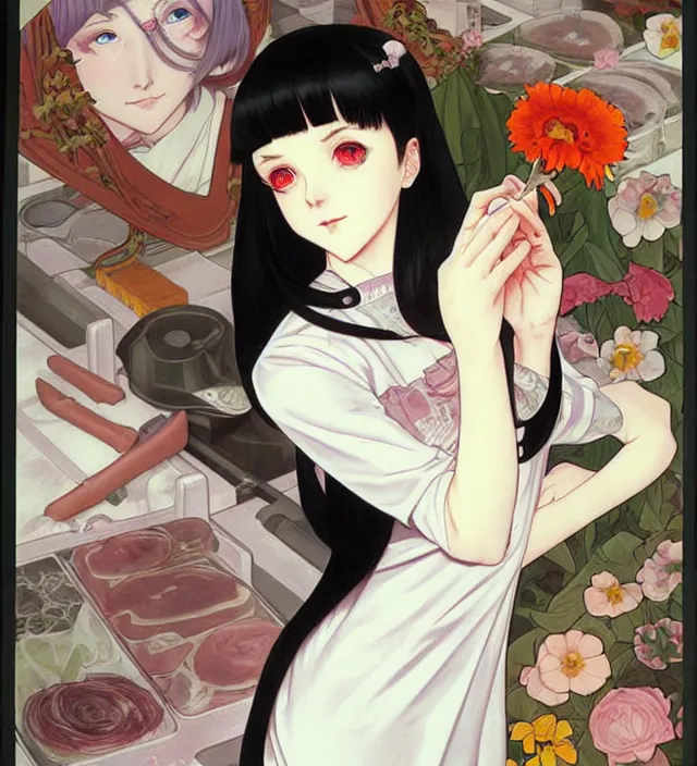 Image similar to portrait of a morbid 18 year old young woman wearing a cottage-core aesthetic dress with straight silky black hair, in a butcher shop, queen of sharp razor blades, in the style of Range Murata and by Alphonse Mucha and by Katsuhiro Otomo.