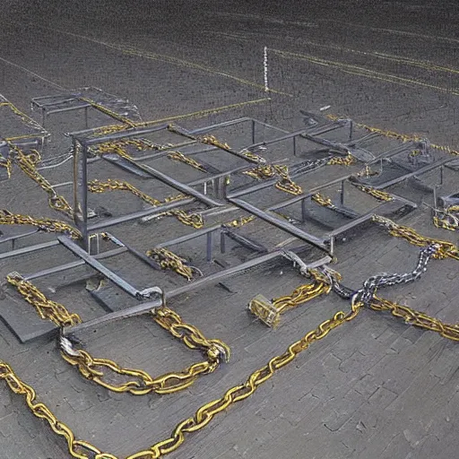 Image similar to A beautiful hyper realistic detailed painting of a chain of blocks, a cybernetic hybrid of 2 gigantic tall skyscaper sized quantum computers and a block calculator machine on a vast black granite tarmac, connected by gold and silver wire cables and chains, by Beksinski, beeple, unreal engine