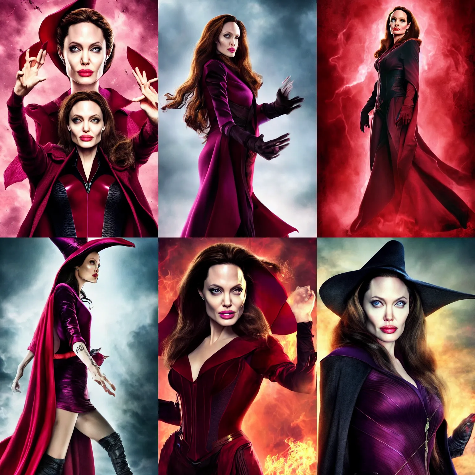 Prompt: Angelina Jolie as Scarlett Witch Scarlett Witch doing chaos magic, Scarlett Witch costume, marvel marvel marvel, cinematic, photorealistic, 4k, HDR, photograph