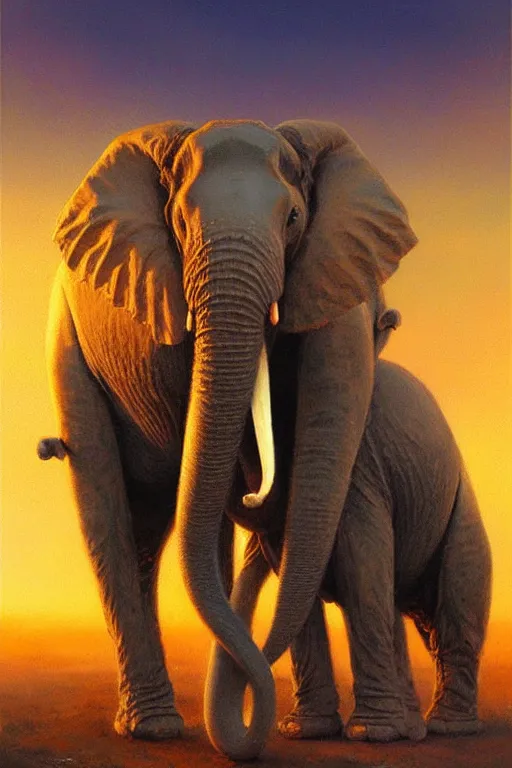 Image similar to spiritual twin flame elephant art, sunset hue, highly detailed, oil painting hue, by craig mullins