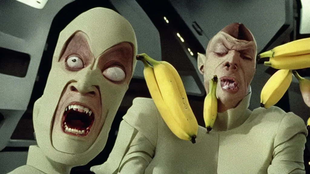 Image similar to giant monsters made of bananas and sharp teeth eating people, star trek, film still from a movie directed by Denis Villeneuve with art direction by Salvador Dalí, wide lens