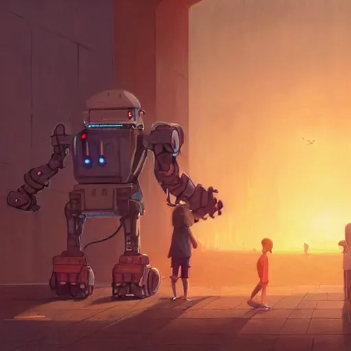 Image similar to digital painting of child playing with a huge humanoid robot in a park, sunset, a dark dystopian city behind a huge wall, stunning, cinematic lighting, concept art by greg rutkowski and simon stalenhag, artstation