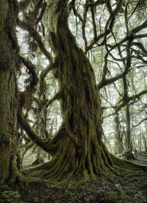 Image similar to photograph of hyperrealistic hyperdetailed ancient tree morphing into a beautiful kind face covered with bark and moss, in a dark mysterious forest at sunset