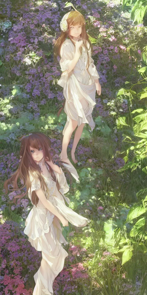 Image similar to a digital art of a loli with long hair in a dress in the privet garden at after noon, green and warm theme, back lighting, by krenz cushart and mucha and akihito yoshida and greg rutkowski and makoto shinkai, detailed eyes, 4 k resolution, trending on art station